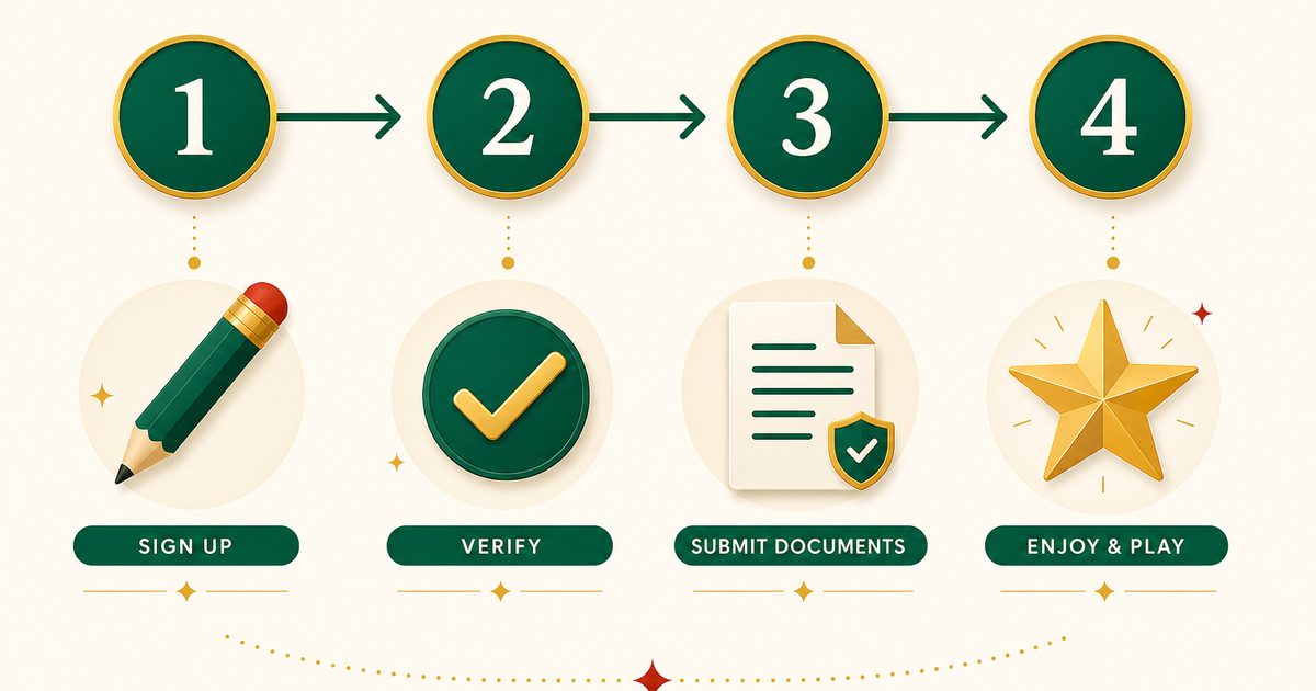 Empat langkah alur pendaftaran: isi data, verifikasi, baca syarat, kelola akun
