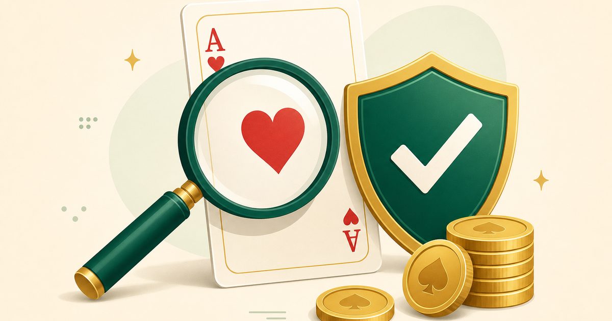 Kaca pembesar di atas kartu dan perisai hijau, melambangkan verifikasi kredibilitas situs